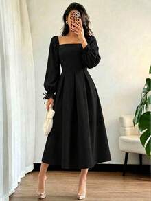Women's Formal Square Neck Midi Dress, Long Pleated Ruffle Sleeves, Flared A-Line Non-Stretch Woven Fabric - Black - View 4