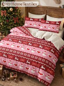 2/3pcs Christmas Red Print Duvet Cover Set, Bedding, Comfortable & Breathable, Anti-Pilling, Machine Washable, Room Decor, Bedroom Decor, Dorm Bedding, Suitable For All Seasons, Fits Single/Double/Queen/King Size Beds, Autumn Home Decor, Duvet Insert Not Included - Multicolor - View 6
