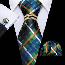 Men's Green Plaid Tie Pocket Square Cufflinks Ring 4Pcs Set, Cufflinks Random Pattern, Wedding Business Suit Accessories - Green - View 2