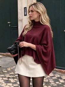 NOVELLE Women's Autumn/Winter Burgundy Sleeveless High Neck Poncho Knit Pullover, Asymmetrical Loose High Neck Sweater, Suitable For Daily Commute - Burgundy - View 1