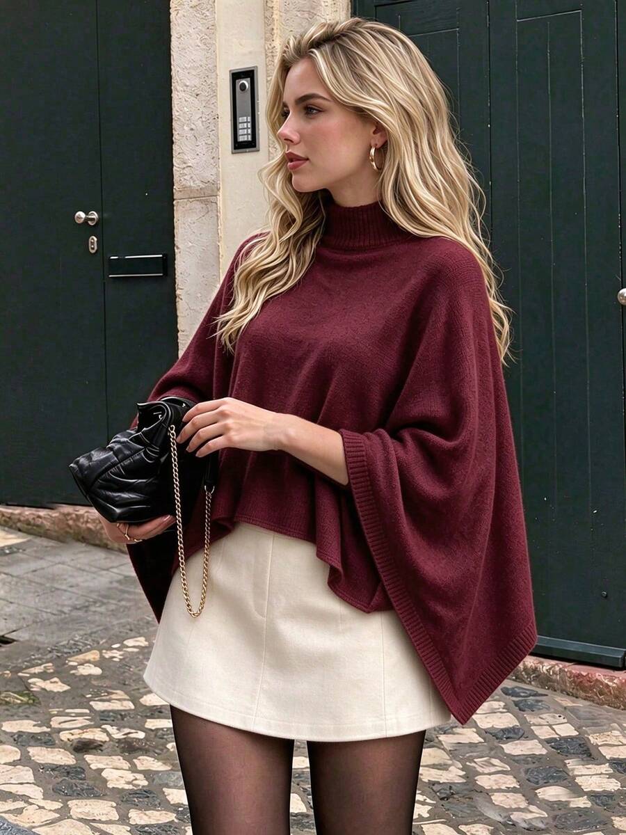 NOVELLE Women's Autumn/Winter Burgundy Sleeveless High Neck Poncho Knit Pullover, Asymmetrical Loose High Neck Sweater, Suitable For Daily Commute - Burgundy - View 1