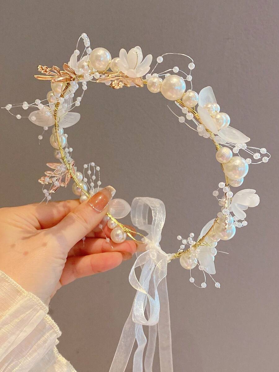 1 Pc Faux Pearl Sweet Flower Wreath Headband For Women's Wedding Party Dress Headwear