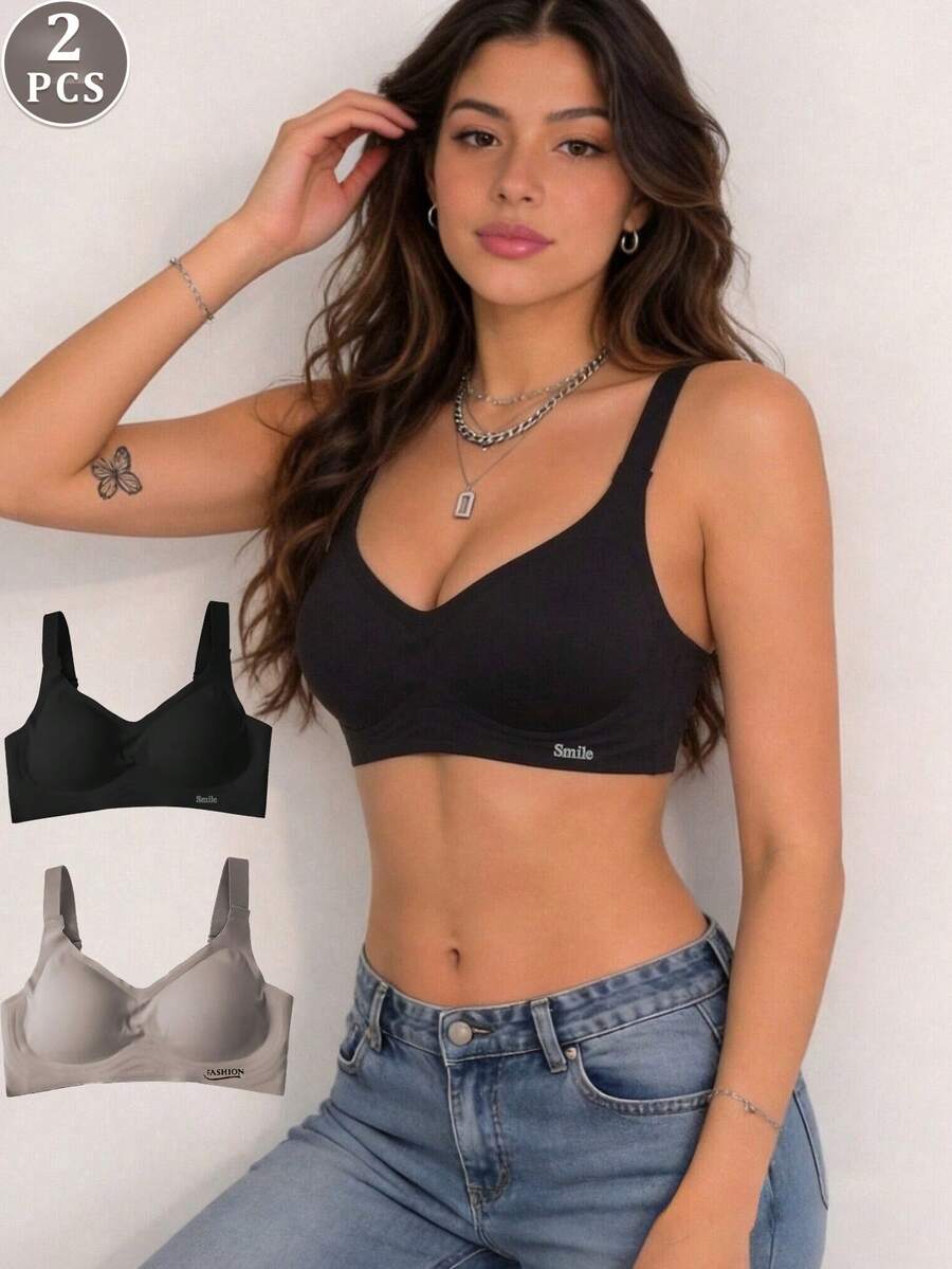 2pcs Seamless Push-Up Bra For Women With Small Bust, Breathable Wire-Free Fixed Cup Design, Side-Boob Coverage, Anti-Sagging, With Non-Removable Cups, Skin-Friendly, Suitable For Sleep And Daily Home Wear - Multicolor - View 1