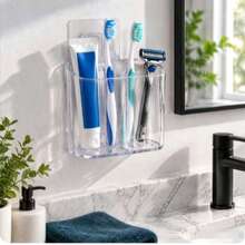 1pc Transparent Toothbrush Holder, Divided Wall-Mounted Storage Rack, Multi-Function Bathroom Storage Accessory, Creative No-Drill Bathroom Storage Box, Used For Storing Toothbrushes, Combs And Razors, Home Bathroom Decor - A - View 2