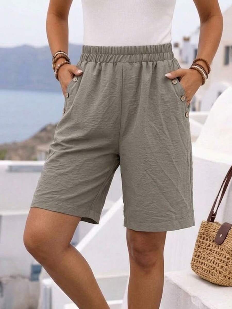 Jisfaneya Solid Color Button Pocket Design Pleated Effect Fabric Gray Wide Leg Pants, Casual Daily Spring/Summer Short Wide Leg Shorts - Grey - View 1