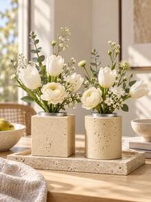 1pc/2Pcs Minimalist Modern Square & Round Shaped Decorative Vase, Textured Surface With Metal Rim, Multi-Purpose Floral Container, Table Centerpiece For Home Decor & Wedding Celebration - Yellow Hole Stone - View 4