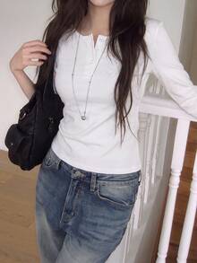 Solid Color Round Neck 3-Button 3/4 Sleeve T-Shirt - White - View 2