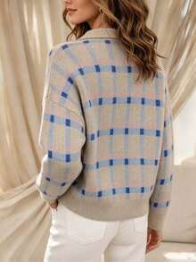 Plus Size Casual Plaid Colorblock Turn-Down Collar Button-Up Versatile Cardigan Sweater Jacket - Khaki - View 2