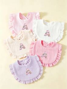 5pcs Floral Pattern 26 Alphabet Baby Ruffle Bibs, Drool Bibs, Princess Pastoral Floral Bibs, Girls Gift - Multicolor - View 1