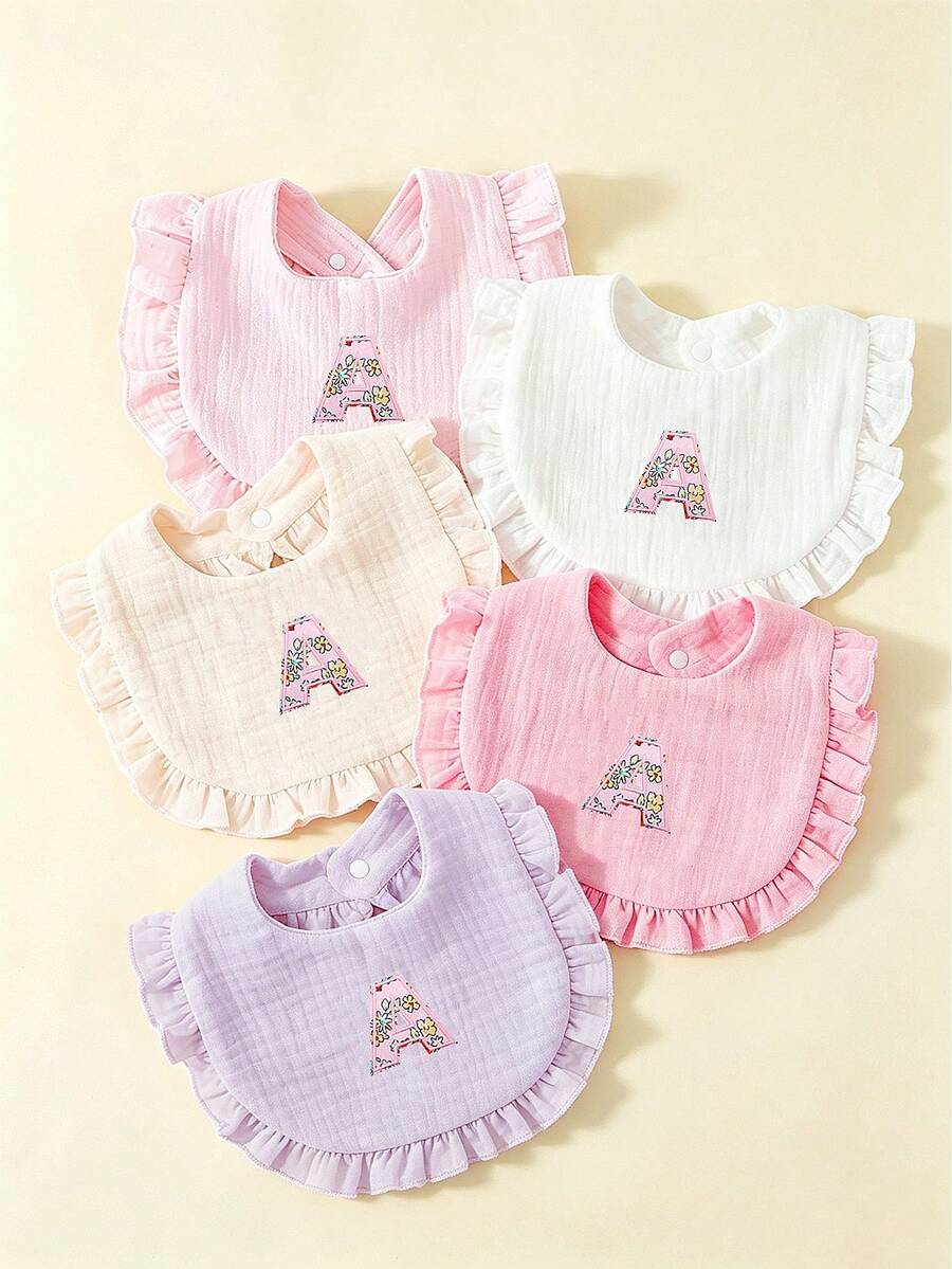 5pcs Floral Pattern 26 Alphabet Baby Ruffle Bibs, Drool Bibs, Princess Pastoral Floral Bibs, Girls Gift - Multicolor - View 1