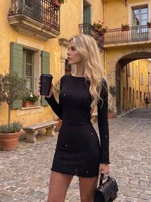 Women's Sexy Black Knit Long Sleeve Round Neck Backless Tie-Up Sequin Mini Dress, Suitable For Date, Party, Gathering - Black - View 2
