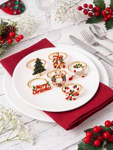 4-6pcs Colorful Wreath Napkin Rings Christmas, Christmas Tree, Bell, Rhinestone Reindeer, Wreath, Candy Cane Bow, Merry Christmas Text Tabletop Decor Santa Claus Small Ornament; Suitable For Christmas Party, Wedding, Birthday Party, Room Decoration, Table Decoration, Home Decor, Holiday, Party, Wedding And Dinner - Multicolor - View 4