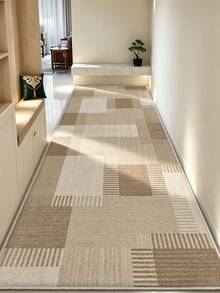 1pc Minimalist Geometric Line Print Pattern, Simple Long Strip Rug Mat, Easy To Clean Long Strip Runner Carpet, Suitable For Kitchen, Dining Room, Hallway, Corridor And Other Indoor Spaces, All Season Use - Khaki - View 1