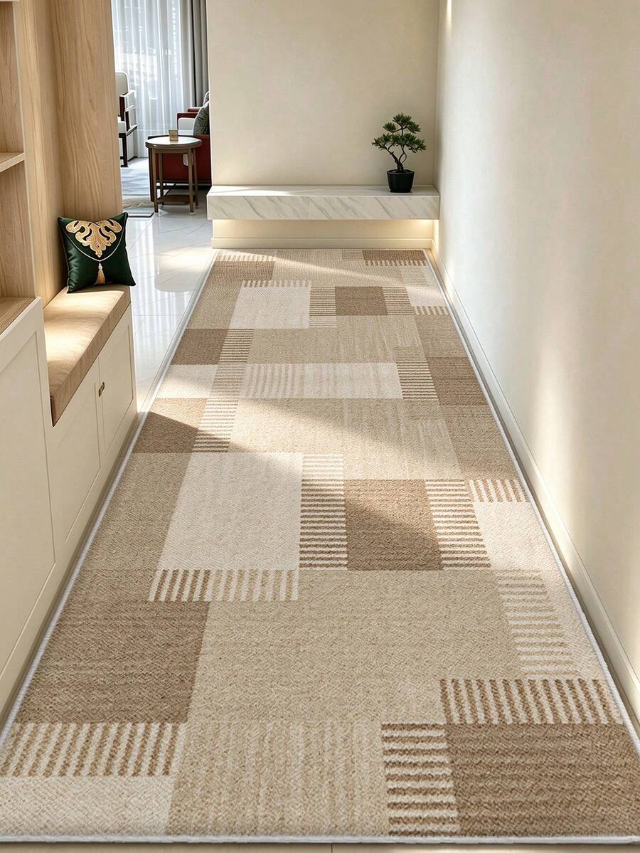 1pc Minimalist Geometric Line Print Pattern, Simple Long Strip Rug Mat, Easy To Clean Long Strip Runner Carpet, Suitable For Kitchen, Dining Room, Hallway, Corridor And Other Indoor Spaces, All Season Use - Khaki - View 1