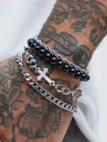 4 Pcs Fashion Simple Basic Stainless Steel Twisted Hollow Cross Beaded Bracelet Set Suitable For Men's Daily Wear, Gifts For Friends - Silver - View 1