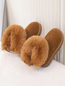 1 Pair Kids Cute Rabbit Ear Rhinestone Snow Boots, Furry Folded Collar, Thermal Lined Warm, Anti-Slip Thick Sole, Autumn/Winter Girls Short Boots - Brown - View 3