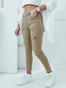 Women's High Waist Slim Fit Ankle Pants, Khaki Casual Trousers With Multi-Button Fly, Distressed Ripped Details, Streetwear Style - Khaki - View 4