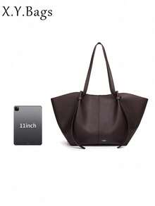 Large Capacity Solid Color PU Leather Soft Long Strap Minimalist Elegant French Style Women's Tote Bag, Suitable For Daily Office Commute - Coffee - View 11