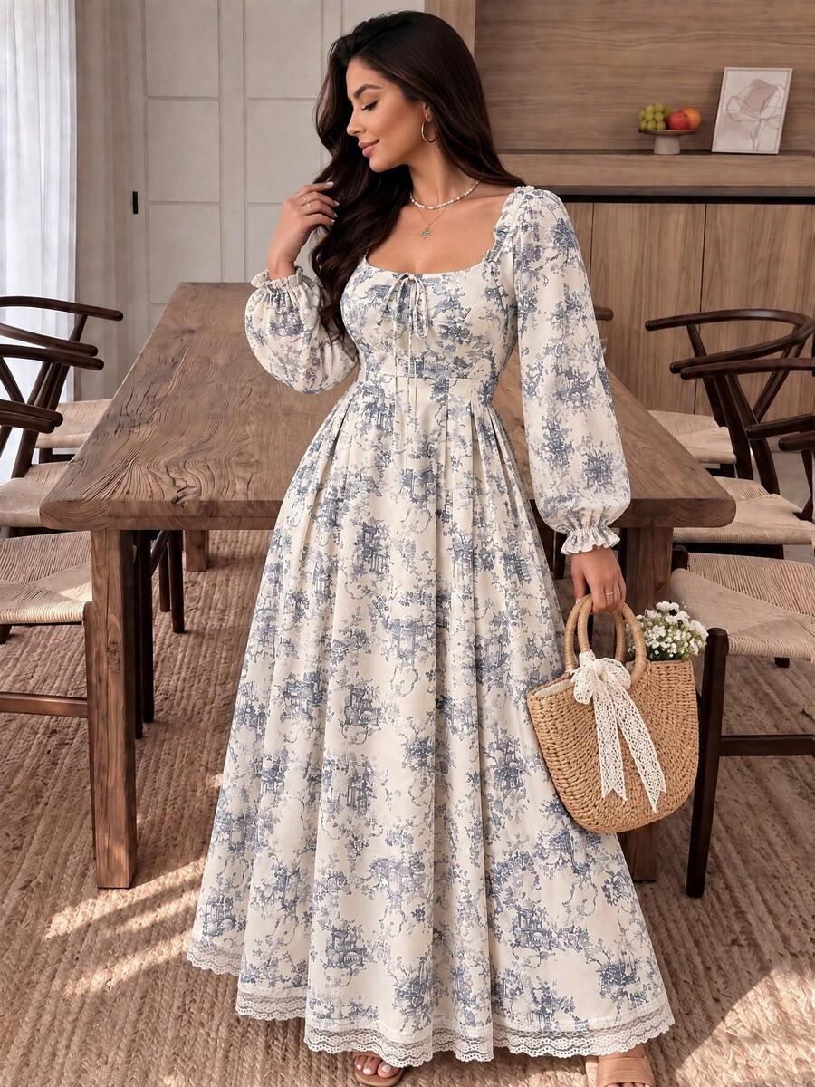 Rusttydustty Women's Romantic French Country Style Floral Print Long Sleeve Dress, Waist-Cinched Design, Suitable For Autumn/Winter Vacation Elegant - Blue and White - View 1