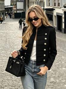 Women's Studded Decor Casual Daily Wear Wool Jacket - Black - View 1