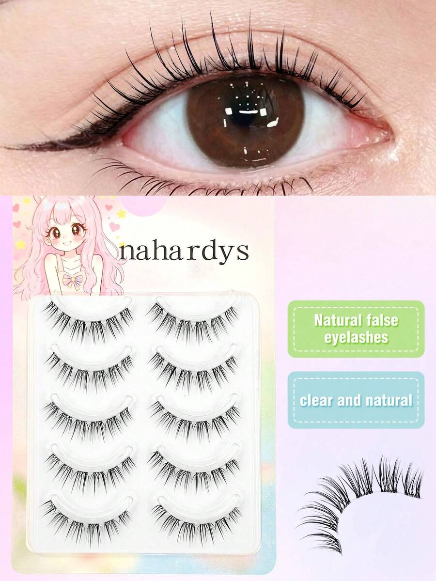 5 Pairs Natural Manga Lashes, False Eyelashes, Clear Band, Wispy Natural Look Lashes, Spiky Anime Strip Lashes, Dramatic DIY Cosplay Fake Eyelashes Reusable Strip Lashes, Suitable For Beginners Strip Lashes - Black - View 1