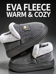 Men's Warm Padded Closed-Back Slippers For Home, Autumn/Winter - Grey - View 2