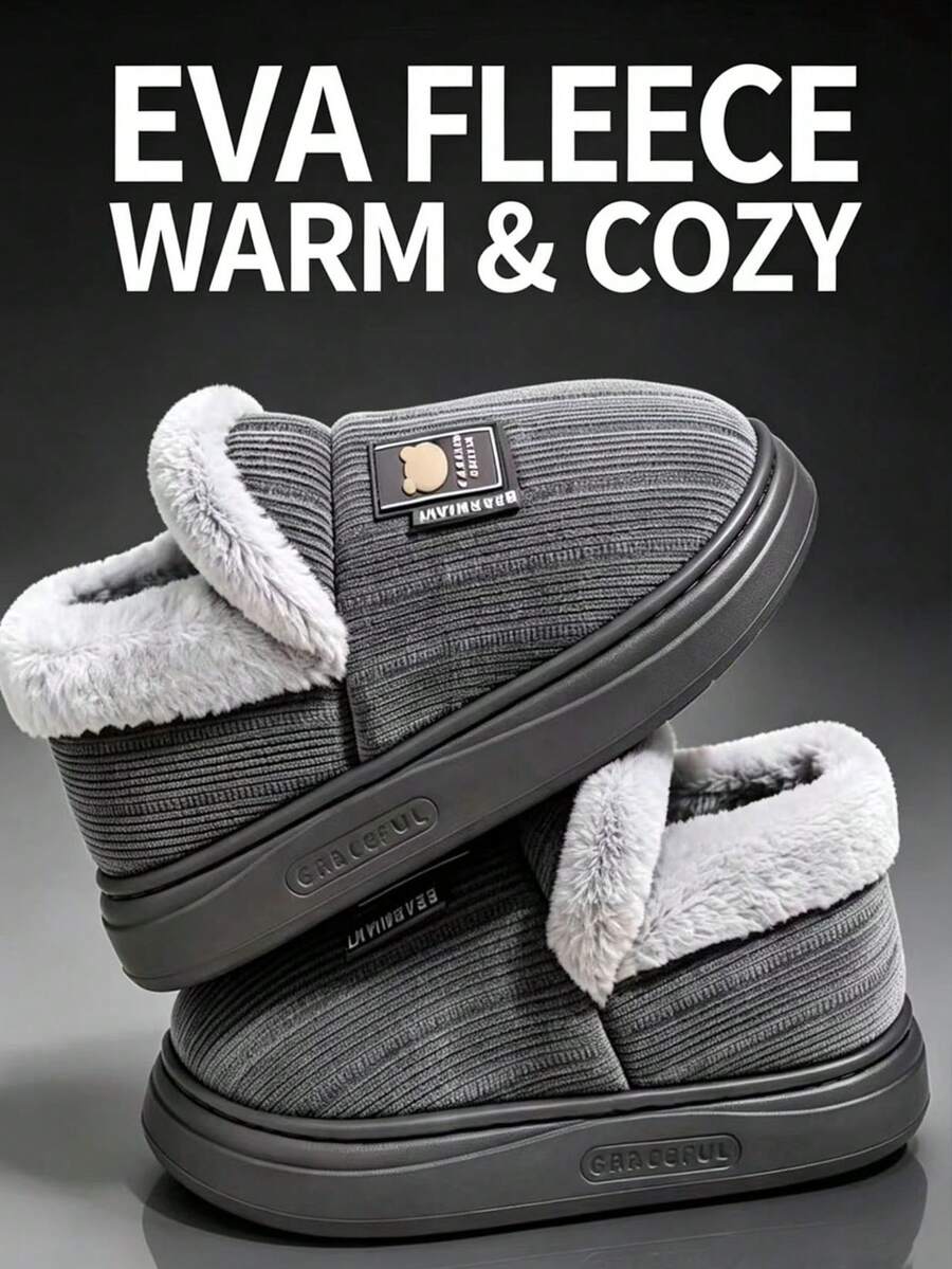 Men's Warm Padded Closed-Back Slippers For Home, Autumn/Winter
