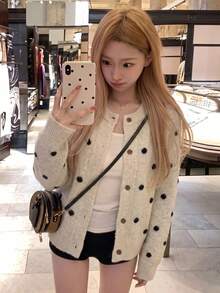 Korean Style Polka Dot Round Neck Knit Cardigan Women Autumn Winter Loose Versatile Soft Cozy Slouchy Sweater Jacket - Apricot - View 2