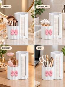 Pink Bow 2-In-1 Plastic Storage Box - Desktop Makeup Organizer With Dual Round Hole Design, Suitable For Storing Makeup Brushes And Beauty Tools, Combines Storage And Organization Functions, Ideal Vanity Accessory And Gift For Women - Multicolor - View 3
