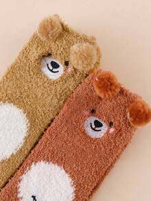 2 Pairs Women's Autumn/Winter Coral Fleece Cute 3D Cartoon Animal Embroidered Thickened Warm Comfortable Mid-Calf Sleep Socks - Multicolor - View 3