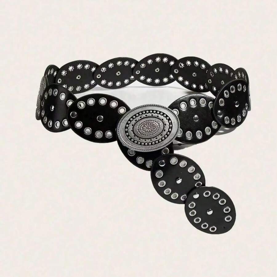 1pc Bohemian Round Disc Rivet Wide Waist Belt, Western Style Distressed Metal Buckle Waist Cincher - Black - View 1