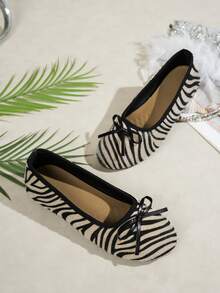 Women's Zebra Print Bow Ballet Shoes, Round Toe Slip-On, Lightweight Comfortable Commute Work Daily Casual Shoes - Zebra Print - View 2