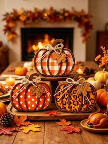 1/3pcs 3D Layered Wooden Pumpkin Desktop Decor, Buffalo Plaid Polka Dot Leopard Print Wooden Pumpkin Ornament With Jute Bow And Maple Leaf Tag, Autumn Layered Tray Decoration, Thanksgiving Farmhouse Style Dining Table Centerpiece Indoor Desktop Decor - Autumn Decor - View 1