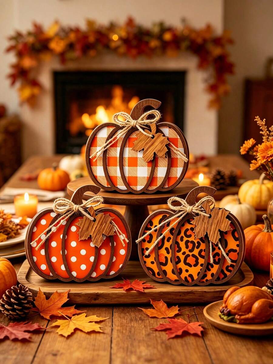 1/3pcs 3D Layered Wooden Pumpkin Desktop Decor, Buffalo Plaid Polka Dot Leopard Print Wooden Pumpkin Ornament With Jute Bow And Maple Leaf Tag, Autumn Layered Tray Decoration, Thanksgiving Farmhouse Style Dining Table Centerpiece Indoor Desktop Decor - Autumn Decor - View 1