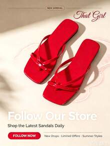 Women's Shiny Red Square Toe Thong Sandals, Flat Cross Strap Flip Flops, Simple Beach Slippers, Summer New Style - Red - View 2