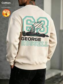 Men's Thermal Lined Crew Neck Loose Fit Sweatshirt, 63 Racing Graphic, Suitable For Autumn/Winter Casual Streetwear - Apricot - View 3