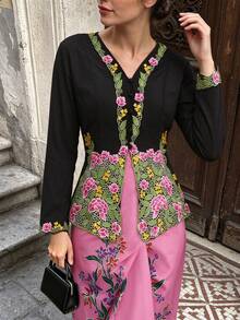 Women's Elegant Romantic Floral Embroidery Button-Up Cardigan, Long Sleeve Black Fall - Black - View 1