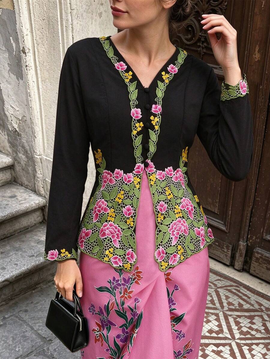 Women's Elegant Romantic Floral Embroidery Button-Up Cardigan, Long Sleeve Black Fall - Black - View 1