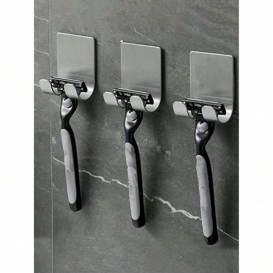 1/2pcs Stainless Steel No-Drill Razor Hook, Bathroom Wall-Mounted Razor Storage Rack, Waterproof No-Damage Adhesive Hook Bathroom Organizer