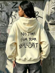 女款秋冬連帽衛衣，印有「No Time For Your」文字，柔軟舒適，抓絨內裡休閒上衣 - 杏色 - 查看 3
