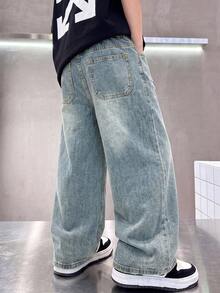 Tween Boy Loose Minimalist Versatile New Denim Long Pants - Light Wash - View 4
