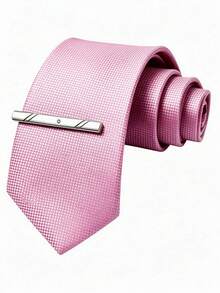 1 Set Men's Fine Plaid Solid Color Necktie, Business Premium Fashion Versatile Tie Clip Accessory, Suitable For Business Work, Wedding Party, Gathering, Evening Event, Speech Competition - Baby Pink - View 2
