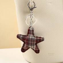 Korean Retro Plaid Fabric Heart Five Pointed Star Keychain Fashionable Versatile Bag Pendant Keychain Pendant - Multicolor - View 3