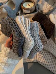 3/6 Pairs Random Women's Winter Solid Color Polka Dot Yarn Soft Palace Vintage Socks, Daily Versatile British Style - Multicolor - View 3