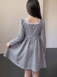 Tween Girls Tween Girl Dress, Autumn/Winter, Dark Gray Bow Pattern Contrast Lace Trim, Elegant Cute Casual Versatile Streetwear Dress - Multicolor - View 3