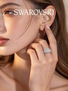 Swarovski Meteora Ring, Dome-Shaped Fully Pave Crystal Rhodium-Plated Silver Signet Ring, Women's Luxury Jewelry, Birthday Holiday Gift - Silver - View 2
