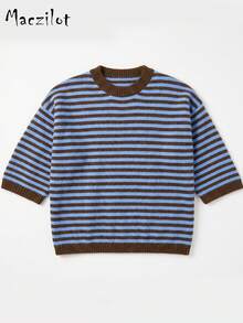 Plus Size Women's Autumn/Winter Striped Colorblock 3/4 Sleeve Pullover Sweater, Casual Commute Date Outfit - Multicolor - View 6