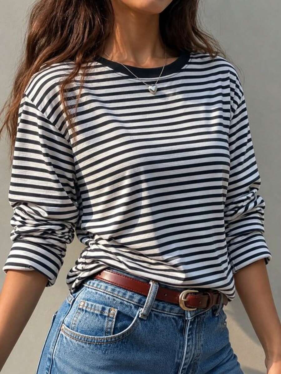 Women's Striped Casual Versatile Daily Long Sleeve T-Shirt - Black and White - View 1