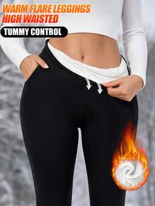 Women's Thermal Warm Thick Winter Pants Trousers Pocket Bell Bottom Flared Pants Tummy Control High Waisted Leggings Christmas - Black - View 3