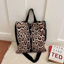 Vintage Leopard Print Tote Bag, Large Capacity Handbag, Fashionable Personalized Adjustable Wide Strap, One Shoulder Crossbody Commuter Bag - Multicolor - View 6
